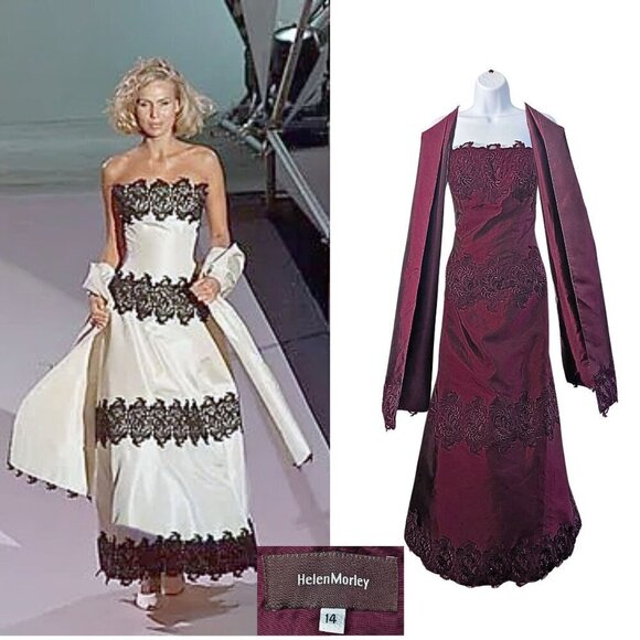 Vtg 2000 HELEN MORLEY Bordeaux Silk Blend Strapless Gown + Shawl Size 14 - Picture 1 of 8